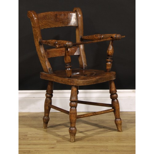 1435 - A Victorian child’s smoker’s bow form high chair, saddle seat with covered latrine hole, 76.5cm high... 