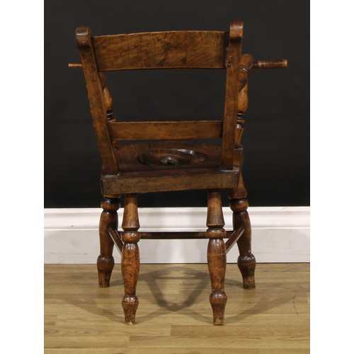 1435 - A Victorian child’s smoker’s bow form high chair, saddle seat with covered latrine hole, 76.5cm high... 