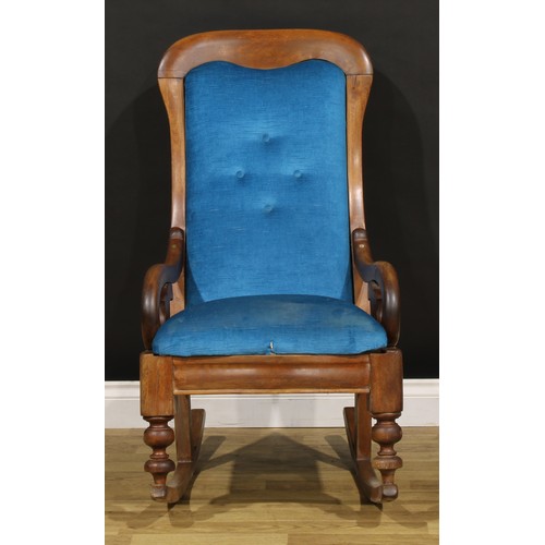 1356 - A Victorian mahogany rocking chair, stuffed-over upholstery, drop-in seat, scroll arms, 102cm high, ... 