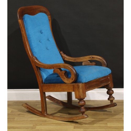 1356 - A Victorian mahogany rocking chair, stuffed-over upholstery, drop-in seat, scroll arms, 102cm high, ... 