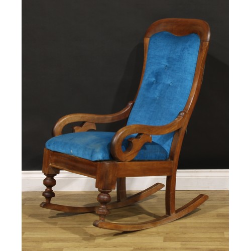 1356 - A Victorian mahogany rocking chair, stuffed-over upholstery, drop-in seat, scroll arms, 102cm high, ... 