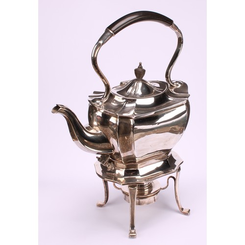 667 - A George V silver spirit kettle, burner and stand, ebonised carry handle and finial, 33cm high, Char... 