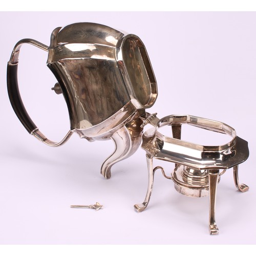 667 - A George V silver spirit kettle, burner and stand, ebonised carry handle and finial, 33cm high, Char... 