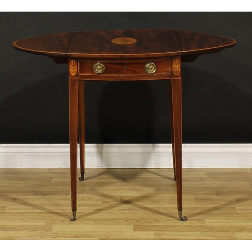 1406 - A George III satinwood crossbanded mahogany and marquetry Pembroke table, oval top with fall leaves ... 