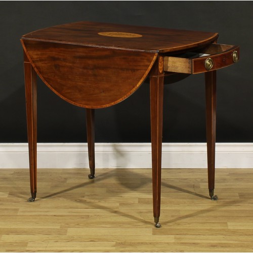 1406 - A George III satinwood crossbanded mahogany and marquetry Pembroke table, oval top with fall leaves ... 