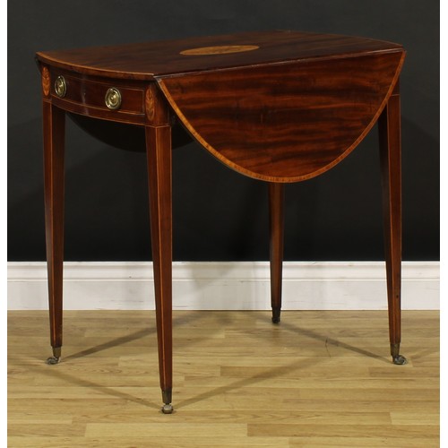 1406 - A George III satinwood crossbanded mahogany and marquetry Pembroke table, oval top with fall leaves ... 