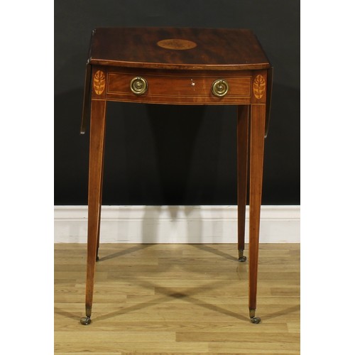 1406 - A George III satinwood crossbanded mahogany and marquetry Pembroke table, oval top with fall leaves ... 