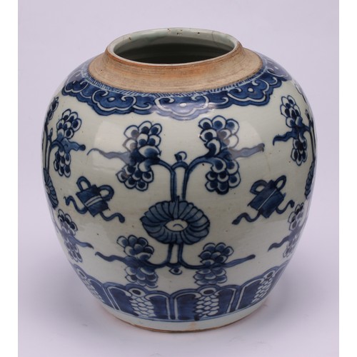 222 - A Chinese porcelain ginger jar, painted in tones of underglaze blue with lotus blooms and characters... 