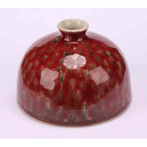 226 - A Chinese taibai zun water pot, mottled tones of red and green glaze, hardwood stand, 15cm high over... 