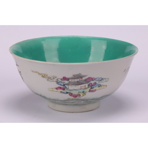 217 - A Chinese famille rose bowl, depicting a couple rowing a boat, turqoise glaze, mark to base, 6cm hig... 