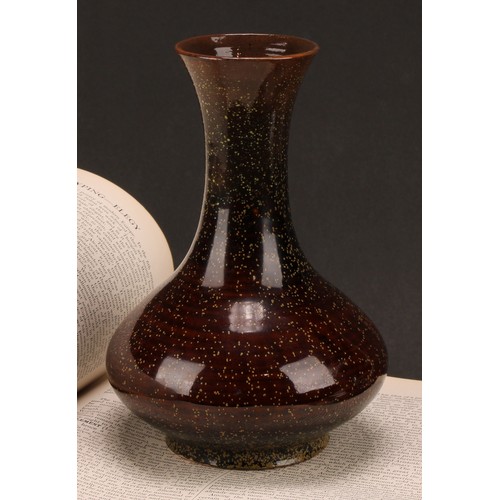 196 - A 19th century Chinese speckle glaze vase, of squat ovoid form with elongated collar neck, brown and... 