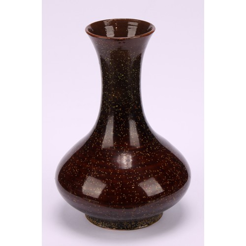 196 - A 19th century Chinese speckle glaze vase, of squat ovoid form with elongated collar neck, brown and... 