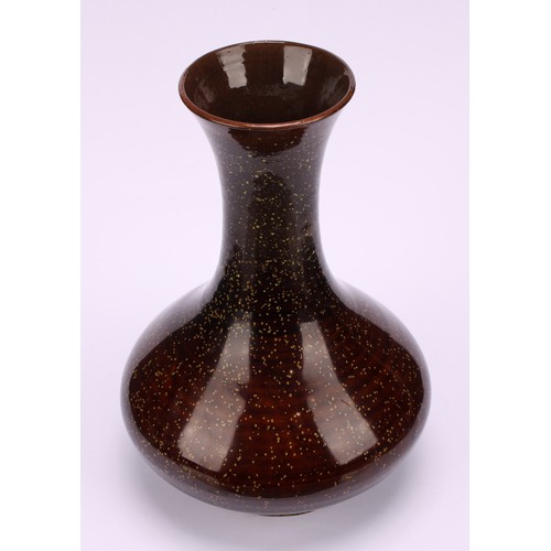 196 - A 19th century Chinese speckle glaze vase, of squat ovoid form with elongated collar neck, brown and... 