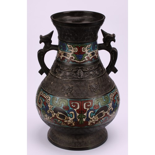 209 - A Chinese bronze and champleve enamel baluster vase, in the Archaic taste, 29cm high, early 20th cen... 