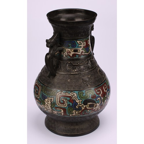 209 - A Chinese bronze and champleve enamel baluster vase, in the Archaic taste, 29cm high, early 20th cen... 