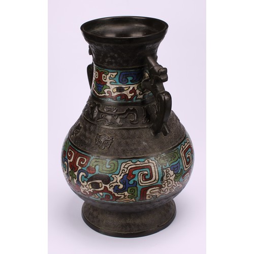 209 - A Chinese bronze and champleve enamel baluster vase, in the Archaic taste, 29cm high, early 20th cen... 