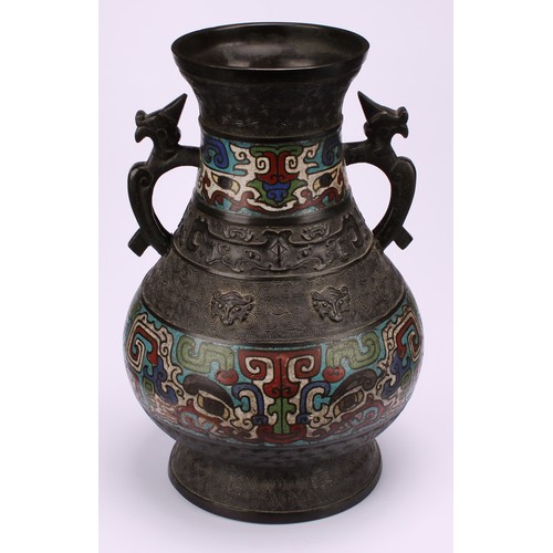 209 - A Chinese bronze and champleve enamel baluster vase, in the Archaic taste, 29cm high, early 20th cen... 