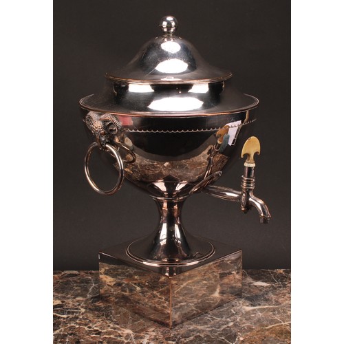 557 - A Post-Regency silver plated pedestal samovar, domed cover, ball finial, ram's mask loop handles, ou... 