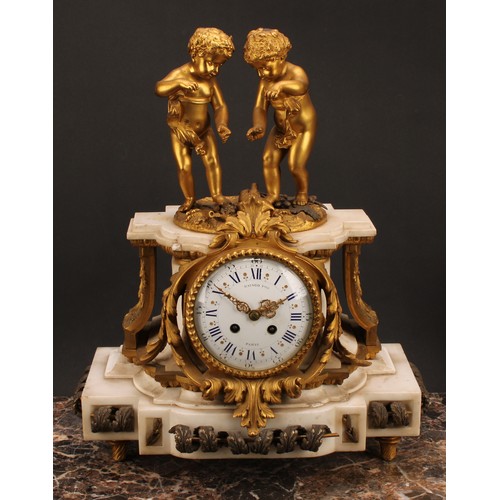 1216 - A 19th century French silvered and gilt bronze mounted marble table clock, 12cm convex enamel dial i... 