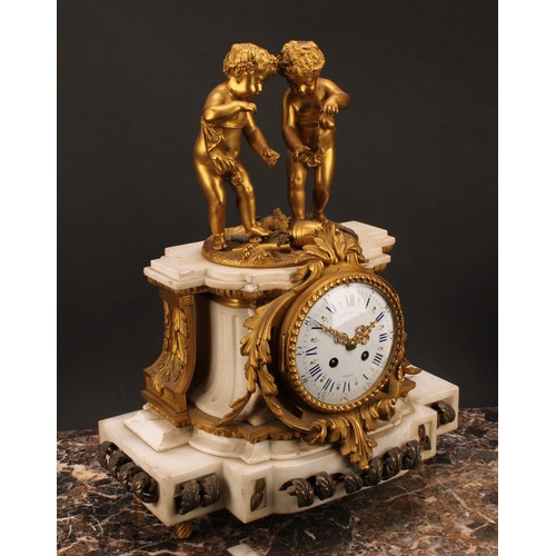 1216 - A 19th century French silvered and gilt bronze mounted marble table clock, 12cm convex enamel dial i... 