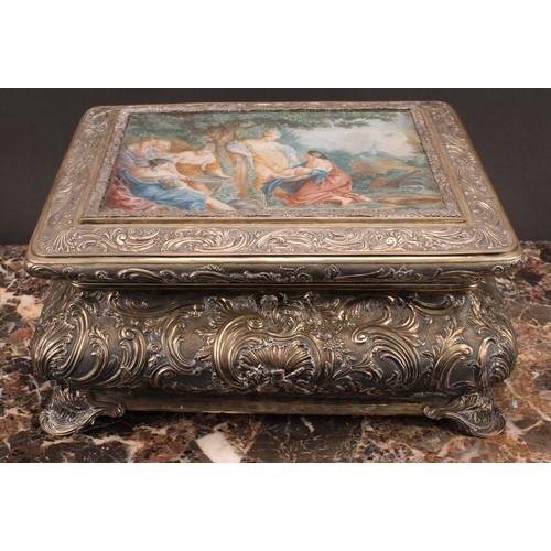 586 - A 19th century German silver table casket, hinged cover with glazed top enclosing a gouache on paper... 