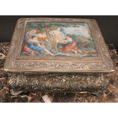 586 - A 19th century German silver table casket, hinged cover with glazed top enclosing a gouache on paper... 