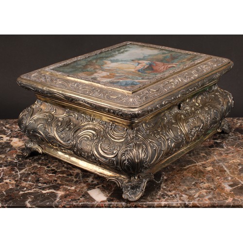 586 - A 19th century German silver table casket, hinged cover with glazed top enclosing a gouache on paper... 