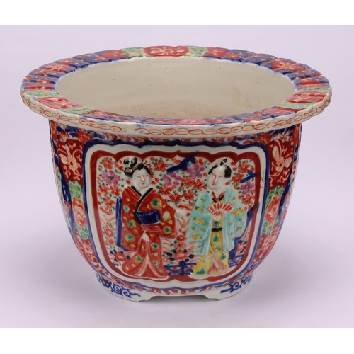 235 - A Japanese porcelain fluted jardiniere, moulded with figures and painted in the Imari palette, 19cm ... 