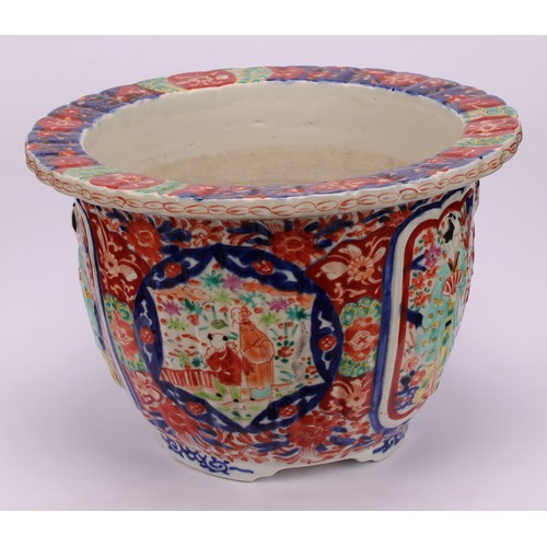 235 - A Japanese porcelain fluted jardiniere, moulded with figures and painted in the Imari palette, 19cm ... 