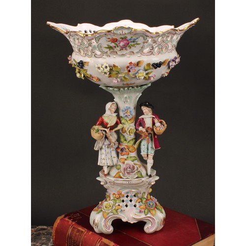 158 - A Sitzendorf porcelain figural table centre, moulded, decorated and applied with a courting couple a... 