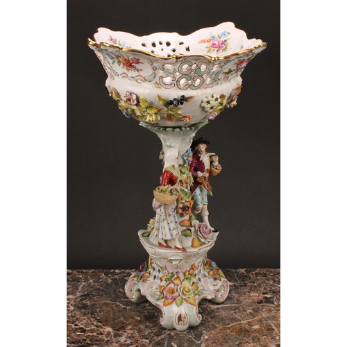 158 - A Sitzendorf porcelain figural table centre, moulded, decorated and applied with a courting couple a... 