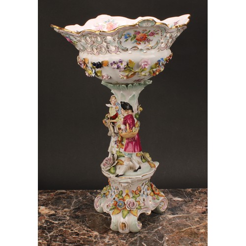 158 - A Sitzendorf porcelain figural table centre, moulded, decorated and applied with a courting couple a... 