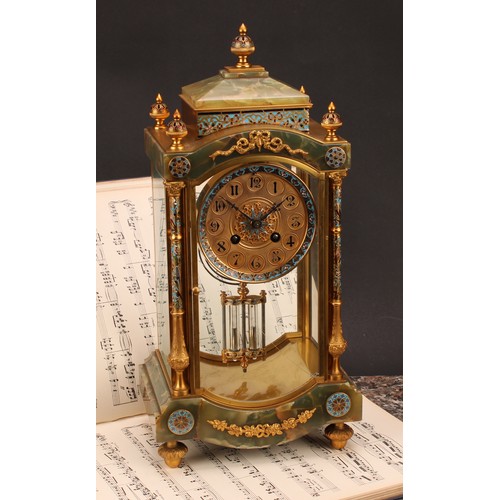 1219 - A French gilt metal and champlevé enamel mounted onyx mantel clock, 9cm dial inscribed with Arabic n... 