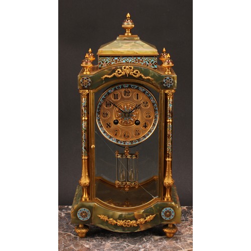 1219 - A French gilt metal and champlevé enamel mounted onyx mantel clock, 9cm dial inscribed with Arabic n... 