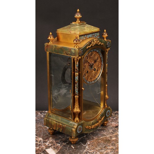 1219 - A French gilt metal and champlevé enamel mounted onyx mantel clock, 9cm dial inscribed with Arabic n... 