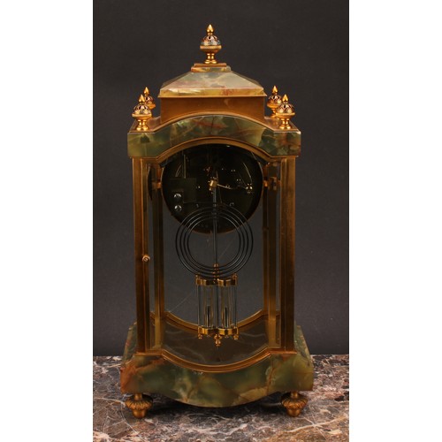 1219 - A French gilt metal and champlevé enamel mounted onyx mantel clock, 9cm dial inscribed with Arabic n... 