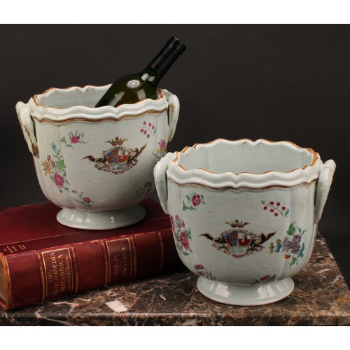 266 - A pair of Chinese armorial export porcelain wine coolers or ice pails, painted in the famille rose p... 