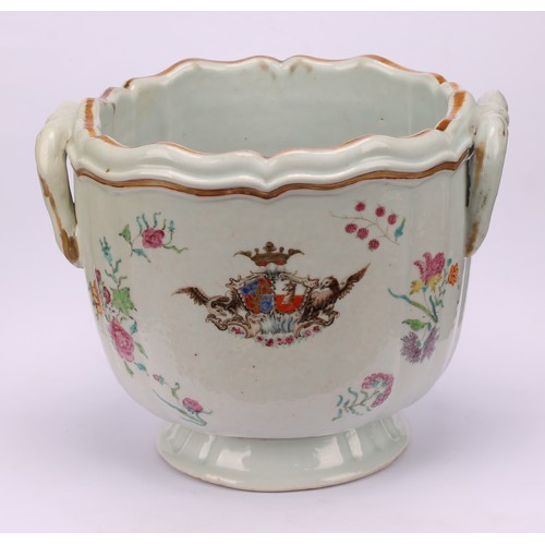 266 - A pair of Chinese armorial export porcelain wine coolers or ice pails, painted in the famille rose p... 