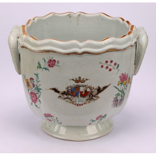 266 - A pair of Chinese armorial export porcelain wine coolers or ice pails, painted in the famille rose p... 