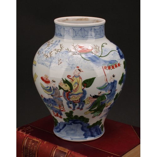 221 - A Chinese porcelain doucai baluster vase, decorated with a narrative scene and verse, 31cm high