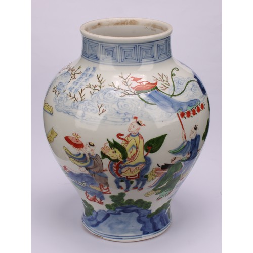 221 - A Chinese porcelain doucai baluster vase, decorated with a narrative scene and verse, 31cm high