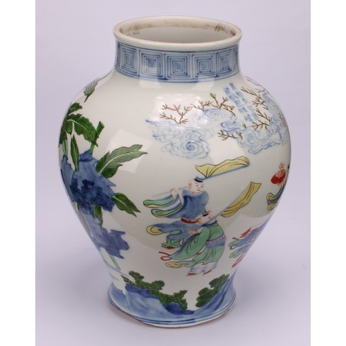 221 - A Chinese porcelain doucai baluster vase, decorated with a narrative scene and verse, 31cm high