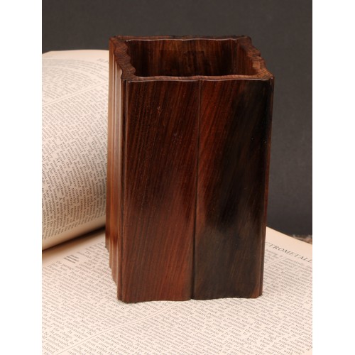 244 - A Chinese hardwood fluted square bitong brush pot, 13.5cm high