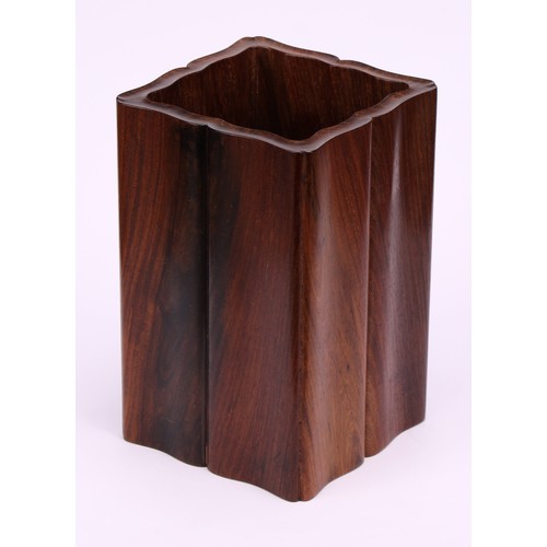 244 - A Chinese hardwood fluted square bitong brush pot, 13.5cm high