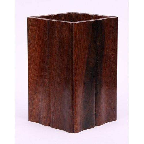 244 - A Chinese hardwood fluted square bitong brush pot, 13.5cm high