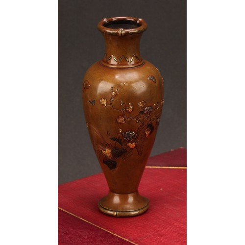 250 - A Japanese brown patinated bronze and mixed metal ovoid vase, decorated with flowers and blossoming ... 