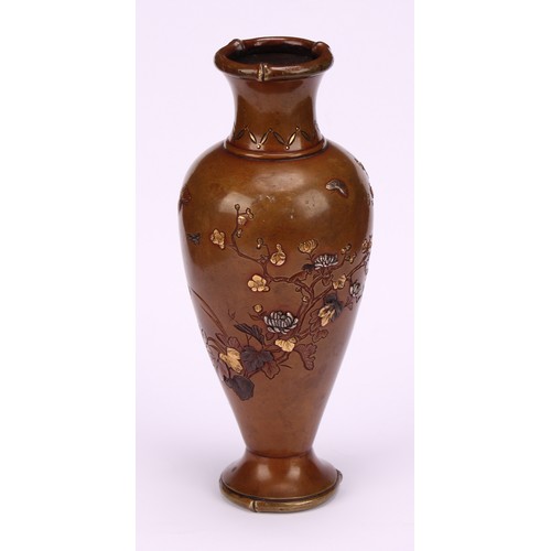 250 - A Japanese brown patinated bronze and mixed metal ovoid vase, decorated with flowers and blossoming ... 