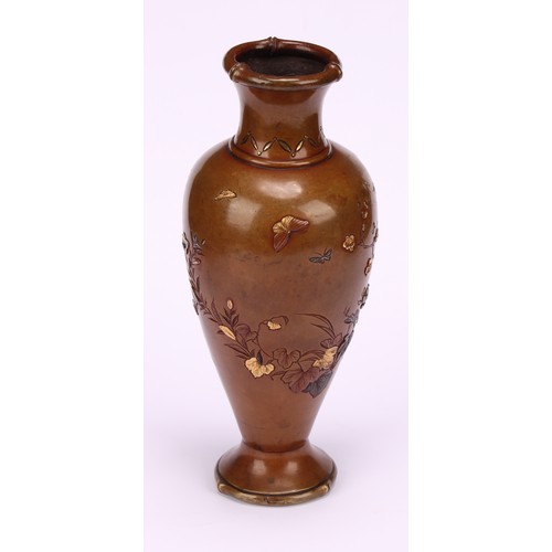 250 - A Japanese brown patinated bronze and mixed metal ovoid vase, decorated with flowers and blossoming ... 