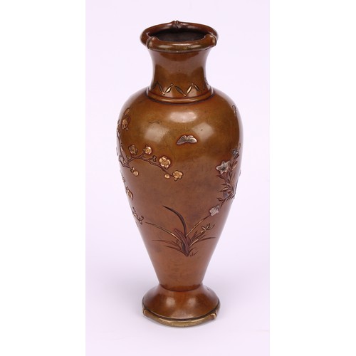 250 - A Japanese brown patinated bronze and mixed metal ovoid vase, decorated with flowers and blossoming ... 