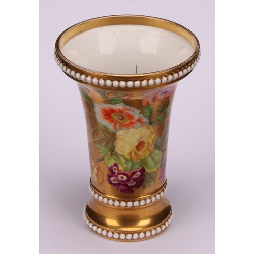 41 - A Spode trumpet shaped vase, painted with flowers and ripe fruit on a gilt ground, 11.5cm high, patt... 